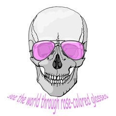 Skull and sunglasses front view. Hand-drawing . Ink art illustration on white background. Postcard, poster design, website design.