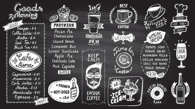 Cafe menu chalkboard design set, hand drawn line graphic illustration with pastries and drinks, vegan menu, coffee and tea symbols