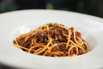 spaghetti Bolognese with minced beef and tomato sauce garnished with parmesan cheese and basil , Italian food
