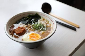 Ramen Japanese noodle soup food with noodle pork egg seaweed