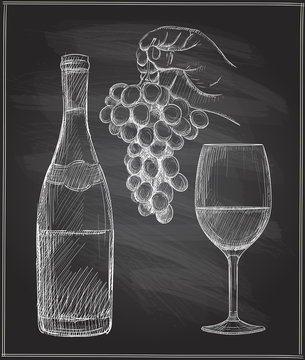 Chalk illustration of a man hand holding bunch of grapes, glass of wine and a bottle of wine