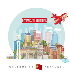 Portugal travel vector postcard in modern flat style with Lisbon buildings and portuguese souvenirs - 227689805
