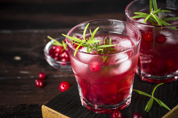 Cocktail with cranberry, vodka, rosemary and ice.