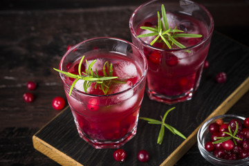 Cocktail with cranberry, vodka, rosemary and ice.