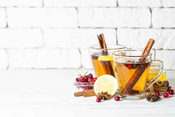 Autumn or winter hot tea with fruit, berries and spices.