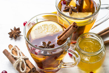 Autumn or winter hot tea with fruit, berries and spices.