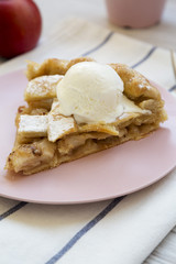 Slice of home-baked apple pie with ice cream on pink plate, side view. Close-up.