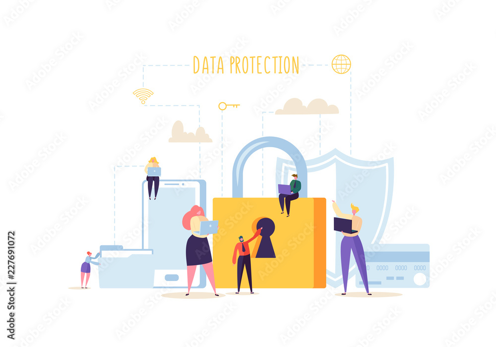 Poster data protection privacy concept. confidential and safe internet technologies with characters using c