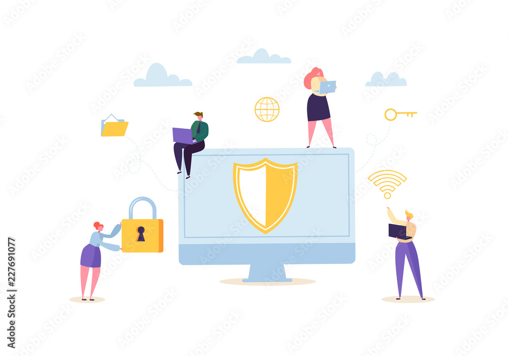 Poster data protection privacy concept. confidential and safe internet technologies with characters using c