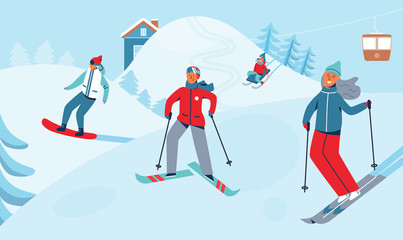 Fototapeta premium Winter Holidays Recreation Sport Activity. Ski Resort Landscape with Characters Skiing and Snowboarding. Happy People Riding on Snowy Downhill. Vector illustration