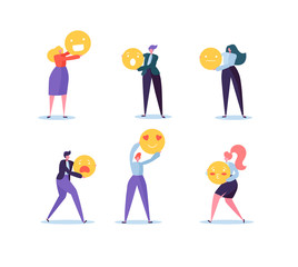 Characters People Holding Various Emoticons. Emoji and Smiles Communication Concept with Man and Woman. Vector illustration