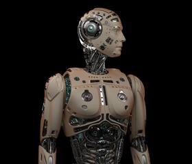 Obraz na płótnie Canvas 3D Render Futuristic Robot Man upper body on black background