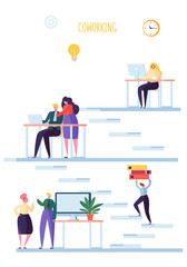 Coworking Space Concept. Coworkers Characters Team Working. Office Employees Working with Laptop and Computer. Business People. Vector illustration