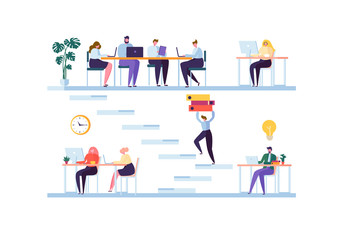 Coworking Space Concept. Coworkers Characters Team Working. Office Employees Working with Laptop and Computer. Business People. Vector illustration