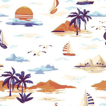 Vintage Beautiful seamless island pattern on white background. Landscape with palm trees, yacht, beach and ocean vector hand drawn style