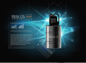 Vector illustration with realistic canister and motor oil on bright background. 3d template. Engine oil advertisement background. 