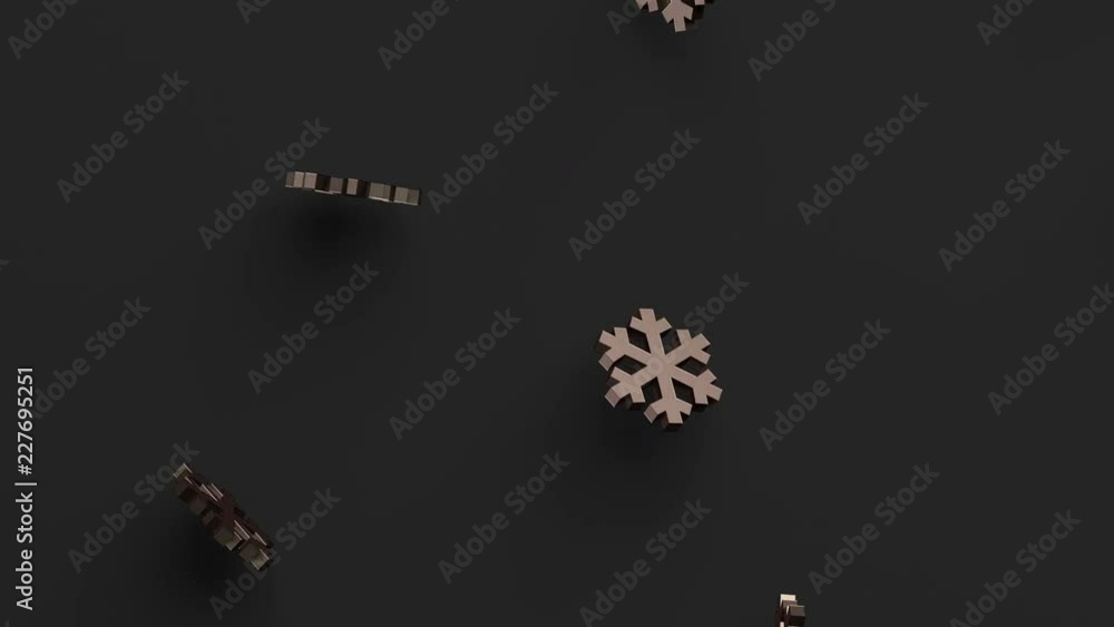 Poster abstract 3d rendering of flying snowflakes shapes. cgi looped animation. winter motion background de