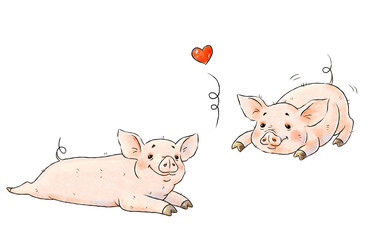 Hand drawn naughty pigs. Two cute funny piglets isolated on white background. Pig Chinese zodiac...