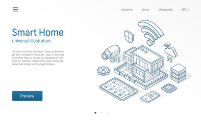 Smart Home isometric line illustration. Technology house, control cctv network, modern architecture building business sketch drawn icons. Abstract 3d vector background. Automation system, iot concept.