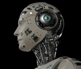 3D Render Futuristic Robot Head on balck background