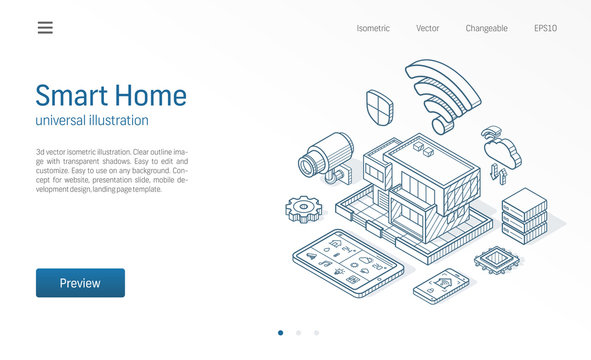 Smart Home isometric line illustration. Technology house, control cctv network, modern architecture building business sketch drawn icons. Abstract 3d vector background. Automation system, iot concept.