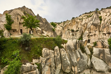 Goreme, Turkey - carved in soft rock, characteristic of Cappadocia. The place is on the UNESCO World Heritage List