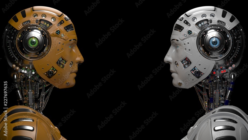 Poster two futuristic robots looking at each other. two identical cyborgs. isolated on black background. 3d