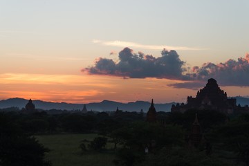Fototapeta premium sunset moment in Bagan, view from terrace of the incredible landscape of this magic historical area, Myanmar