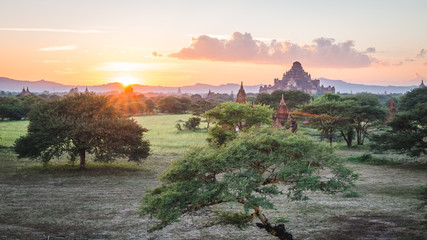 sunset moment in Bagan, view from terrace of the incredible landscape of this magic historical area, Myanmar