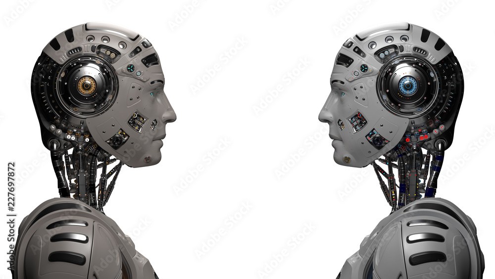 Poster two futuristic robots looking at each other. two identical cyborgs. isolated on white background. 3d