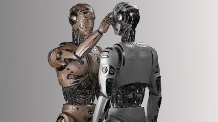 3D Render Futuristic robot man touching the head of another identical robot or asking another cyborg to use his brain on gray background