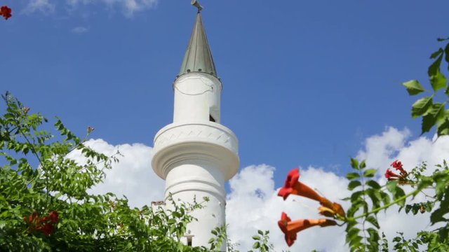 Spire of Balchik Palace on sky background