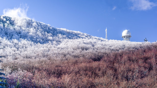 Landscape view of winter forest frozen at the top. Blue clear sky above. Radar equipment on the right side. Mountain Ucka, Vojak, Croatia.