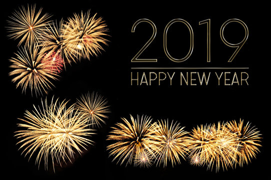 Happy new year 2019 text of silver letters and fireworks
