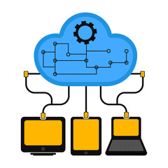 Different devices connected to cloud technology. Cloud computing concept. Vector illustration design