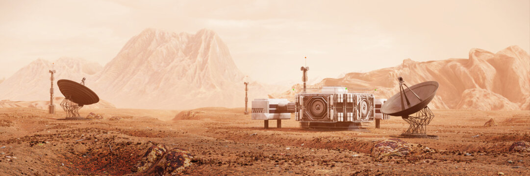 base on Mars, first colonization, martian colony in desert landscape on the red planet (3d space illustration banner)