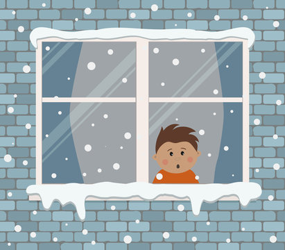 Window On A Brick Wall On A Snowy Day. A Little Boy In The Room Is Surprised, Looking At The Snow. View From The Street Side. Winter Background. Vector Illustration.