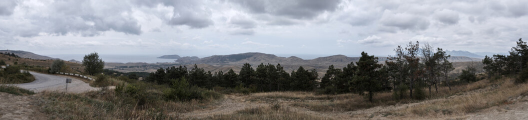 Russia. Crimea. Panorama of Dvuyakornaya Bay and the valley between the Tepe-Oba and Biyuk-Yanyshr ranges