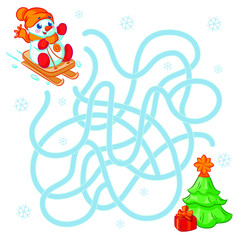 Help cute snowman  find the right path to christmas tree. Labyrinth. Maze game for kids. Marry christmas and happy new year.