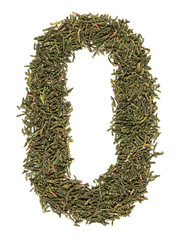 Big number zero / 0 made of green fir/spruce tree leafs isolated on white background. Isolated Arabic number.
