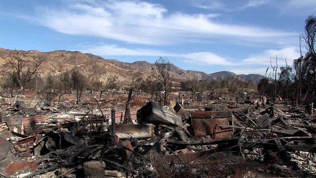 Burned down trailer park near Sylmar so called Sayre Fire near Los Angeles, USA.