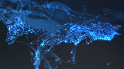 glowing city and human population density areas with bouncy line connections between them. view of asia. 3d illustration