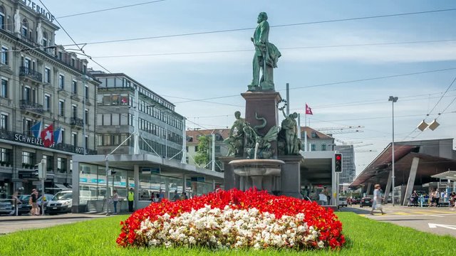 Alfred Escher Memorial Bronze Statue By Sculptor Richard Kissling Located On The Bahnhofplatz In Zurich, Switzerland