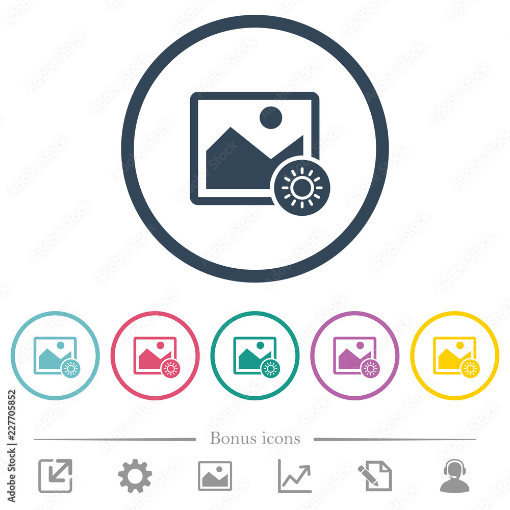 Poster adjust image brightness flat color icons in round outlines