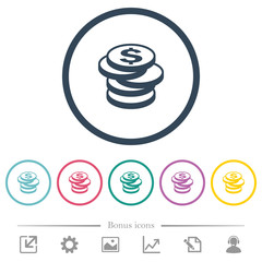 Stack of Dollar coins flat color icons in round outlines