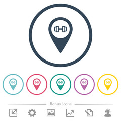 Gym GPS map location flat color icons in round outlines