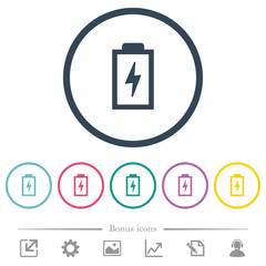 Battery with energy symbol flat color icons in round outlines