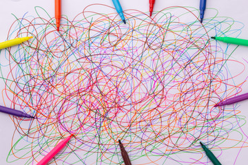 different colors felt tip pens and scribble on white paper, abstract, creative concept, children drawing