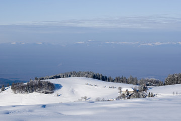 Fototapeta na wymiar Verschneite Landschaft mit Blick auf die Alpen