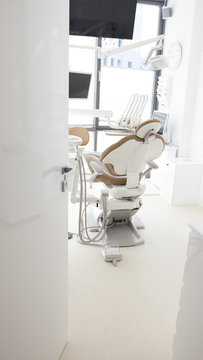 Abstract sharp hospital and clinic interior for background - Processing Blue color white balance with open door